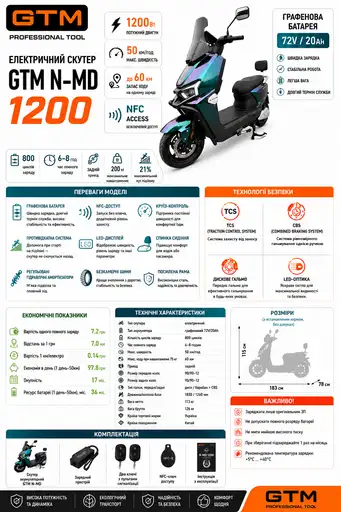 Фото №2 - Скутер акумуляторний N-MD 1200, 72В, 1200Вт, Швидкість - 50км/год