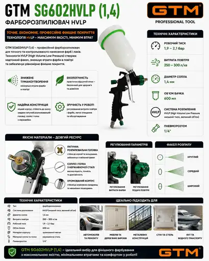 Фото №2 - Фарборозпилювач GTM SG602HVLP сопло 1,4мм ,бачок 600мл, тиск 2-2.4bar , розхід 280л\хв