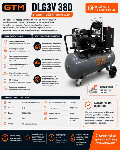 Фото №2 - Компресор гвинтовий 350л/хв, ресивер 100л, 3кВт, 8бар, 380В (GTM DLG3V 380