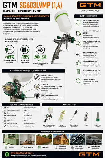 Фото №2 - Фарборозпилювач GTM SG603 LVMP сопло 1,4мм, бачок 600мл, тиск 2-2.4bar , розхід 280л\хв